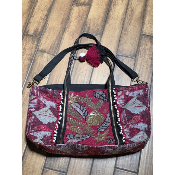 American And Beyond EMBELLISHED TOTE WITH POUCH RED FLORAL Boho Beaded Duffle - Picture 2 of 6
